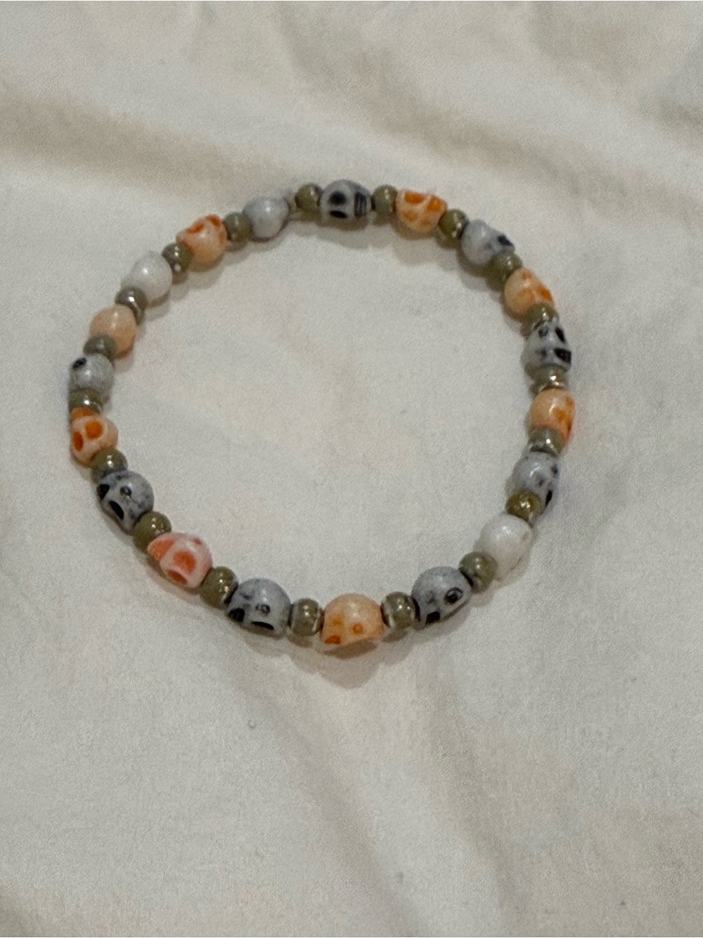 Handcrafted Orange & Gray Skull Bead Stretch Bracelet